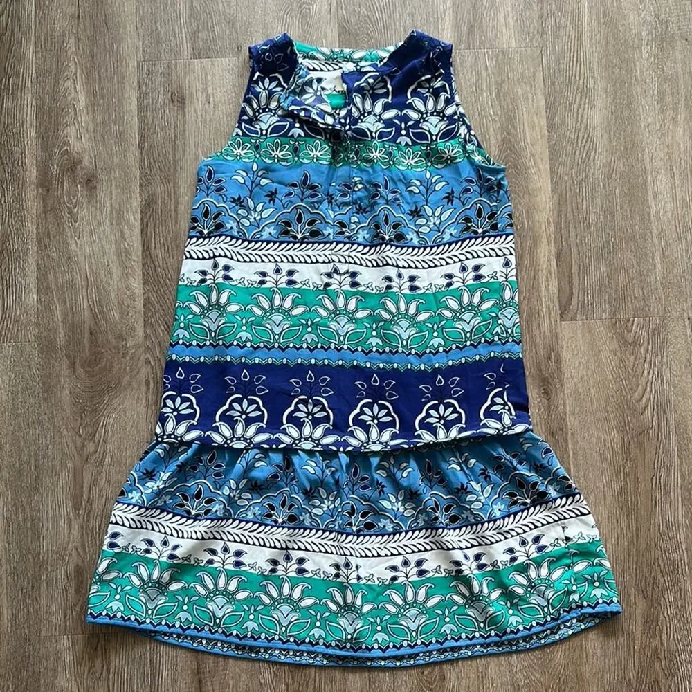 LOFT Sleeveless Tiered‎ Dress Green Blue Floral Small Button Front Summer